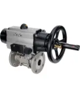 Кран шаровой DN.ru BV3131P(3pc)-FP-F-ISO-H Ду100 Ру16 полнопроходной трехсоставной, фланцевый, нержавеющая сталь 304, уплотнение - PTFE, 22х22, F10, WDVF, с пневмоприводом DN.ru PA-DA-105-1 и пневмораспределителем 4M310-08 AC220V