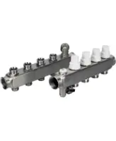 Коллекторная группа DN.ru GC4-31-4 1″ Ду25 Ру10 отводов — 4, в сборе с терморегулирующими клапанами и запорно-балансировочными клапанами, дренажным краном и воздухоотводчиком, с заглушками, без переходников, корпус - нержавеющая сталь AISI 304