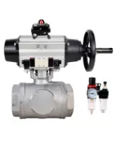 Кран шаровой DN.ru BV3232P(4pc)-SP-3WL-T-ISO-H WDVF Ду65 Ру40 стандартнопроходной, 3-ходовой L-тип, внутренняя резьба, нержавеющая сталь AISI 316, PTFE, с пневмоприводом PA-DA-105-1, пневмораспределителем 4M320-08 AC220V, БКВ APL-410N EX и БПВ AFC2000