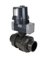 Кран шаровой DN.ru BV4242E-FP-GRM-ISO Дн50 Ру10 полнопроходной, клеевой с разборным муфтовым соединением, корпус - НПВХ, шар - НПВХ, уплотнение - EPDM, с электроприводом DN.ru QTSA-N-003EM-O0-220VAC с пружинным возвратом