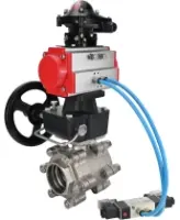 Кран шаровой DN.ru BV3232P(3pc)-FP-SW-ISO-H Ду80 Ру63 полнопроходной, корпус - нержавеющая сталь SS316, под приварку, с пневмоприводом PA-DA-105, пневмораспределителем 4V320-08 AC220V, БКВ APL-210N, ручным дублером MON2-450-T28-ISO