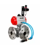 Кран шаровой DN.ru BV3232P(2pc)-FP-3WL-F-ISO-H Ду20 Ру16 HYMT, трехходовой L-тип, полнопроходной, фланцевый, корпус - нержавеющая сталь SS316, с пневмоприводом PA-DA-052, пневмораспределителем 4V320-08 AC220V и БПВ AFC2000
