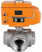 Кран шаровой DN.ru BV3232P(4pc)-SP-3WT-T-ISO-H Ду50 Ру63 стандартнопроходной T-тип, трехходовой, нержавеющая сталь, внутренняя резьба, уплотнение - PTFE, с эл. приводом DN.ru E34-N-005EM-O1-220VAC-У1