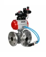 Кран шаровой DN.ru BV3232P(2pc)-FP-3WL-F-ISO-H Ду20 Ру16 HYMT, трехходовой L-тип, полнопроходной, фланцевый, корпус - нержавеющая сталь SS316, с пневмоприводом PA-DA-052, пневмораспределителем 4V320-08 AC220V, БКВ APL-210N и БПВ AFC2000