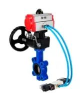 Затвор дисковый поворотный DN.ru WBV1631N-2W-Fb-H Ду150 Ру16 LUG, корпус - чугун QT450, диск - нержавеющая сталь 304, уплотнение - NBR, с пневмоприводом PA-DA-105, пневмораспределителем 4M320-08 AC220V и ручным дублером MON3-700-T38-ISO