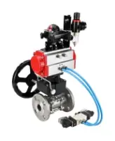 Кран шаровой DN.ru BV3131P(3pc)-FP-F-ISO-H Ду15 Ру40, трехсоставной полнопроходной фланцевый, нерж. сталь SS304, PTFE, с пневмоприводом PA-DA-052, с пневмораспределителем 4V320-08 AC220V, БКВ APL-210N, ручным дублером MON1-250-T26-ISO, БПВ AFC2000