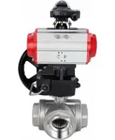 Кран шаровой DN.ru BV3232P(4pc)-SP-3WL-T-ISO-H Ду80 Ру40 стандартнопроходной трехходовой L-тип, нерж. сталь SS316, внутренняя резьба, уплотнение - PTFE, с пневмоприводом PA-DA-083, БКВ APL-210N и ручным дублером MON2-450-T28-ISO