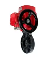 Затвор дисковый поворотный DN.ru WBV4242E-2W-Fb-ISO Дн80 Ру10 межфланцевый, корпус - НПВХ, диск - НПВХ, уплотнение - EPDM, с электроприводом взрывозащищенный DN.ru QT-EX-005M-O2-380VAC-У1 с моментной муфтой и штурвалом