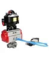 Кран шаровой DN.ru BV3232P(4pc)-SP-3WL-T-ISO-H 1/2″ Ду15 Ру63 стандартнопроходной трехходовой L-тип, нержавеющая сталь SS316, внутренняя резьба, уплотнение - PTFE, с пн.приводом DN.ru PA-SA-052 пн.распределителем 4V320-08 AC220V БКВ APL-510N-EX