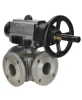 Кран шаровой DN.ru BV3232P(4pc)-FP-3WL-F Ду100 Ру16 полнопроходной трехходовой, фланцевый, корпус - нержавеющая сталь SS316, с пневмоприводом DN.ru PA-DA-105-1 двойного действия и пневмораспределителем 4M310-08 AC220V