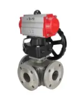 Кран шаровой DN.ru BV3232P(4pc)-FP-3WL-F Ду65 Ру16 полнопроходной трехходовой, фланцевый, корпус - нержавеющая сталь SS316, с пневмоприводом DN.ru PA-DA-083 двойного действия и ручным дублером MON2-450-T28-ISO