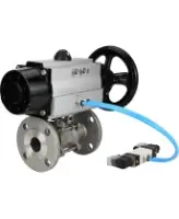 Кран шаровой DN.ru BV3131P(3pc)-FP-F-ISO-H Ду100 Ру16 полнопроходной трехсоставной, фланцевый, нержавеющая сталь 304, уплотнение - PTFE, 22х22, F10, WDVF, с пневмоприводом DN.ru PA-DA-105-1 и пневмораспределителем 4V320-08 AC220V
