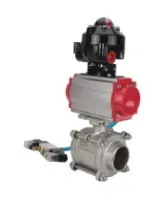 Кран шаровой DN.ru BV3232P(3pc)-FP-W-ISO-H WDVF Ду40 Ру40 полнопроходной, трехсоставной, корпус - нержавеющая сталь 316, уплотнение - PTFE, под приварку, с пневмоприводом PA-SA-105, пневмораспределителем 4V320-08 AC220V, БКВ APL-510N EX