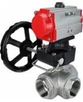 Кран шаровой DN.ru BV3232P(4pc)-SP-3WL-T-ISO-H Ду80 Ру40 стандартнопроходной трехходовой L-тип, нерж. сталь SS316, внутренняя резьба, уплотнение - PTFE, с пневмоприводом PA-DA-083 и ручным дублером MON2-450-T28-ISO