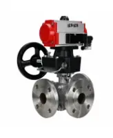 Кран шаровой DN.ru BV3232P(2pc)-FP-3WL-F-ISO-H Ду20 Ру16 HYMT, трехходовой L-тип, полнопроходной, фланцевый, корпус - нержавеющая сталь SS316, с пневмоприводом PA-DA-052, пневмораспределителем 4M310-08 24В NAMUR и ручным дублером MON1-250-T26-ISO