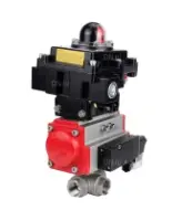 Кран шаровой DN.ru BV3232P(4pc)-SP-3WL-T-ISO-H Ду15 Ру63 стандартнопроходной трехходовой L-тип, нержавеющая сталь SS316, внутренняя резьба, PTFE, пн.приводом PA-DA-052, пн.распределителем 4M310-08 AC220V и БКВ APL-410N EX