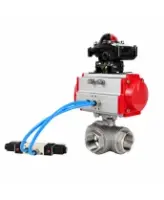 Кран шаровой DN.ru BV3232P(4pc)-SP-3WL-T-ISO-H WDVF Ду40 Ру63 стандартнопроходной, 3-ходовой L-тип, внутренняя резьба, нержавеющая сталь AISI 316, PTFE, с пневмоприводом PA-SA-130, пневмораспределителем 4V320-08 AC220V и БКВ APL-210N