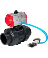 Кран шаровой DN.ru BV4242E-FP-GRM-ISO Дн50 Ру10 полнопроходной, корпус - НПВХ, шар - НПВХ, уплотнение - EPDM, с пневмоприводом PA-SA-065 и пневмораспределителем 4V320-08 AC220V