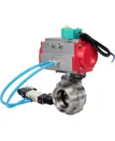 Затвор дисковый поворотный DN.ru WBV3131S-2W-T-H Ду80 Ру10 резьбовой, пищевая нержавеющая сталь 304, уплотнение - Silicon, с пневмоприводом PA-DA-052, пневмораспределителем 4V320-08 AC220V и магнитным переключателем ALS200D