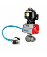 Кран шаровой DN.ru BV3232P(4pc)-SP-3WT-T-ISO-H WDVF Ду25 Ру63 стандартнопроходной, 3-ходовой Т-тип, внутренняя резьба, нержавеющая сталь AISI 316, PTFE, с пневмоприводом PA-DA-065, пневмораспределителем 4V320-08 AC220V и БКВ APL-510N EX