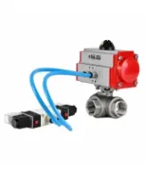 Кран шаровой DN.ru BV3232P(4pc)-SP-3WT-T-ISO-H WDVF Ду25 Ру63 стандартнопроходной, 3-ходовой Т-тип, внутренняя резьба, корпус - нержавеющая сталь AISI 316, уплотнение - PTFE, с пневмоприводом PA-DA-065 и пневмораспределителем 4V320-08 AC220V