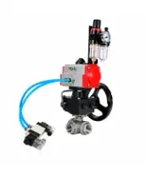 Кран шаровой DN.ru BV3232P(4pc)-SP-3WT-T-ISO-H WDVF Ду25 Ру63 стандартнопроходной, 3-ходовой Т-тип, внутренняя резьба, с пневмоприводом PA-DA-065, пневмораспределителем 4V320-08 AC220V, БПВ AFC2000 и ручным дублером MON1-250-T26-ISO