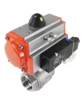 Кран шаровой DN.ru BV3232P(2pc)-FP-T-ISO-H Ду80 Ру40, полнопроходной внутреннняя резьба, нержавеющая сталь SS316, уплотнение - PTFE, с пневмоприводом PA-SA-130 с возвратными пружинами, с пневмораспределителем 4V320-08 AC220V
