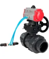 Кран шаровой DN.ru BV4242E-FP-GRM-ISO Дн50 Ру10 полнопроходной, корпус - НПВХ, шар - НПВХ, уплотнение - EPDM, с пневмоприводом PA-DA-052, пневмораспределителем 4V320-10 AC220V и ручным дублером MON1-250-T26-ISO