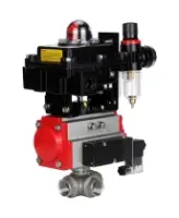 Кран шаровой DN.ru BV3232P(4pc)-SP-3WL-T-ISO-H Ду15 Ру63 стандартнопроходной трехходовой L-тип, нержавеющая сталь SS316, внутренняя резьба, PTFE, пн.приводом PA-DA-052, пн.распределителем 4M310-08 AC220V, БКВ APL-410N EX и БПВ AFC2000