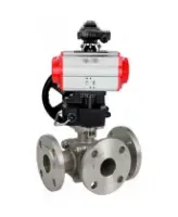 Кран шаровой DN.ru BV3232P(2pc)-FP-3WL-F-ISO-H Ду20 Ру16 HYMT, трехходовой L-тип, полнопроходной, фланцевый, корпус - нержавеющая сталь SS316, с пневмоприводом PA-DA-052, ручным дублером MON1-250-T26-ISO и БКВ APL-210N