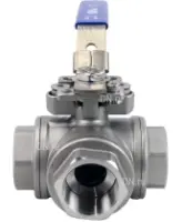 Кран шаровой DN.RU BV3232P(4pc)-SP-3WL-T-ISO-H Ду40 Ру63, 3-ходовой L-тип стандартнопроходной, внутренняя резьба, уплотнение - PTFE, материал корпуса - нержавеющая сталь SS316 с ISO фланцем и рукояткой