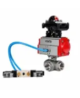 Кран шаровой DN.ru BV3232P(4pc)-SP-3WT-T-ISO-H WDVF Ду25 Ру63 стандартнопроходной, 3-ходовой Т-тип, внутренняя резьба, нержавеющая сталь AISI 316, PTFE, с пневмоприводом PA-DA-065, пневмораспределителем 4V320-08 AC220V и БКВ APL-210N