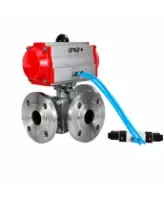 Кран шаровой DN.ru BV3232P(2pc)-FP-3WL-F-ISO-H Ду20 Ру16 HYMT, трехходовой L-тип, полнопроходной, фланцевый, корпус - нержавеющая сталь SS316, с пневмоприводом PA-DA-052 и пневмораспределителем 4V320-08 AC220V