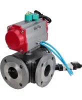 Кран шаровой DN.ru BV3232P(4pc)-FP-3WL-F-ISO-H Ду100 Ру16 полнопроходной трехходовой L-тип, фланцевый, корпус - нержавеющая сталь SS316, PTFE, с пневмоприводом PA-DA-105, пневмораспределителем 4V320-08 AC220V и магнитным переключателем ALS200D