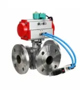 Кран шаровой DN.ru BV3232P(2pc)-FP-3WL-F-ISO-H Ду20 Ру16 HYMT, трехходовой L-тип, полнопроходной, фланцевый, корпус - нержавеющая сталь SS316, с пневмоприводом PA-DA-052, пневмораспределителем 4V320-08 AC220V и магнитным переключателем ALS200D