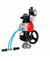 Кран шаровой DN.ru BV3232P(4pc)-SP-3WT-T-ISO-H WDVF Ду25 Ру63 стандартнопроходной, 3-ходовой Т-тип, внутренняя резьба, с пневмоприводом PA-DA-065, пневмораспределителем 4V320-08 AC220V, БКВ APL-210N, БПВ AFC2000 и ручным дублером MON1-250-T26-ISO