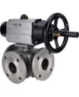 Кран шаровой DN.ru BV3232P(4pc)-FP-3WL-F Ду100 Ру16 полнопроходной трехходовой, фланцевый, корпус - нержавеющая сталь SS316, с пневмоприводом DN.ru PA-DA-105-1 двойного действия
