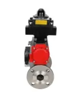 Кран шаровой DN.ru BV3131P(3pc)-FP-F-ISO-H Ду15 Ру40, трехсоставной полнопроходной фланцевый, нержавеющая сталь SS304, уплотнение - PTFE, с пневмоприводом PA-DA-052 двойного действия, с пневмораспределителем 4M310-08 AC220V, с БКВ APL-410N EX