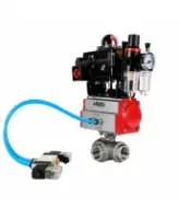 Кран шаровой DN.ru BV3232P(4pc)-SP-3WT-T-ISO-H WDVF Ду25 Ру63 стандартнопроходной, 3-ходовой Т-тип, внутренняя резьба, нержавеющая сталь AISI 316, PTFE, с пневмоприводом PA-DA-065, пневмораспределителем 4V320-08 AC220V, БКВ APL-410N EX и БПВ AFC2000