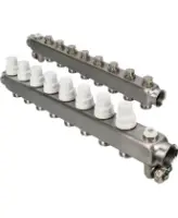 Коллекторная группа DN.ru GC4-31-8 1″ Ду25 Ру10 отводов — 8, в сборе с терморегулирующими клапанами и запорно-балансировочными клапанами, дренажным краном и воздухоотводчиком, с заглушками, без переходников, корпус - нержавеющая сталь AISI 304