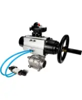 Кран шаровой DN.ru BV3232P(3pc)-FP-W-ISO-H Ду80 Ру25, полнопроходной, трехсоставной, нержавеющая сталь 316, уплотнение - PTFE, под приварку, с пневмоприводом PA-DA-105-1, пневмораспределителем 4V320-08 AC220V, БКВ APL-210N