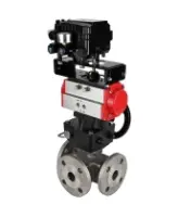 Кран шаровой DN.ru BV3232P(4pc)-FP-3WL-F Ду65 Ру16 полнопроходной трехходовой, фланцевый, корпус - нержав.сталь SS316, с пневмоприводом DN.ru PA-DA-083 двойного действия, пневмопозиционером YT-1000RSN без обратной связи и ручным дублером MON2-450-T28-ISO