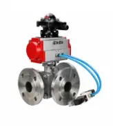 Кран шаровой DN.ru BV3232P(2pc)-FP-3WL-F-ISO-H Ду20 Ру16 HYMT, трехходовой L-тип, полнопроходной, фланцевый, корпус - нержавеющая сталь SS316, с пневмоприводом PA-DA-052, пневмораспределителем 4V320-08 AC220V и БКВ APL-210N