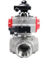 Кран шаровой DN.ru BV3232P(4pc)-SP-3WL-T-ISO-H Ду80 Ру40 стандартнопроходной трехходовой L-тип, нерж. сталь SS316, внутренняя резьба, уплотнение - PTFE, пн.приводом PA-DA-083, пн.распределителем 4M310-08 AC220V и БКВ APL-210N