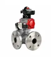 Кран шаровой DN.ru BV3232P(2pc)-FP-3WL-F-ISO-H Ду20 Ру16 HYMT трехходовой L-тип, полнопроходной, фланцевый, корпус - нержавеющая сталь AISI316, с пневмоприводом PA-DA-052, пневмораспределителем 4M320-08 AC220V и БКВ APL-210N