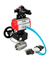 Кран шаровой DN.ru BV3232P(2pc)-FP-T-ISO-H Ду80 Ру40 полнопроходной, внутренняя резьба, нержавеющая сталь 316, уплотнение - PTFE, с пневмоприводом PA-DA-083, пневмораспределителем 4V320-10 AC220V, БКВ APL-210N, ручным дублером MON2-450-T28-ISO