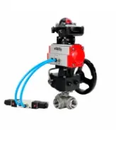 Кран шаровой DN.ru BV3232P(4pc)-SP-3WT-T-ISO-H WDVF Ду25 Ру63 стандартнопроходной, 3-ходовой Т-тип, внутренняя резьба, с пневмоприводом PA-DA-065, пневмораспределителем 4V320-08 AC220V, БКВ APL-210N и ручным дублером MON1-250-T26-ISO