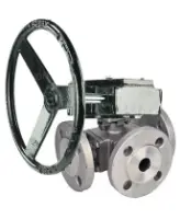Кран шаровой DN.ru BV3232P(4pc)-FP-3WL-F-ISO-H Ду100 Ру16 полнопроходной трехходовой, нержавеющая сталь SS316, фланцевый, уплотнение - PTFE, с редуктором DN.ru RDN RQN5-500Z-T30