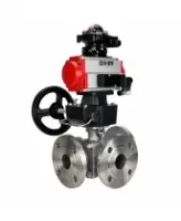 Кран шаровой DN.ru BV3232P(2pc)-FP-3WL-F-ISO-H Ду20 Ру16 HYMT, трехходовой L-тип, полнопроходной, фланцевый, корпус - нержав.сталь SS316, с пневмоприводом PA-DA-052, пн.распределителем 4M310-08 AC220V, ручным дублером MON1-250-T26-ISO и БКВ APL-210N