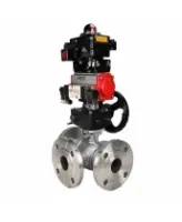 Кран шаровой DN.ru BV3232P(2pc)-FP-3WL-F-ISO-H Ду20 Ру16 HYMT трехходовой L-тип, полнопроходной, фланцевый, корпус - нерж.сталь AISI316, с пн.приводом PA-DA-052, пн.распределителем 4M320-08 AC220V, ручным дублером MON1-250-T26-ISO и БКВ APL-410N EX